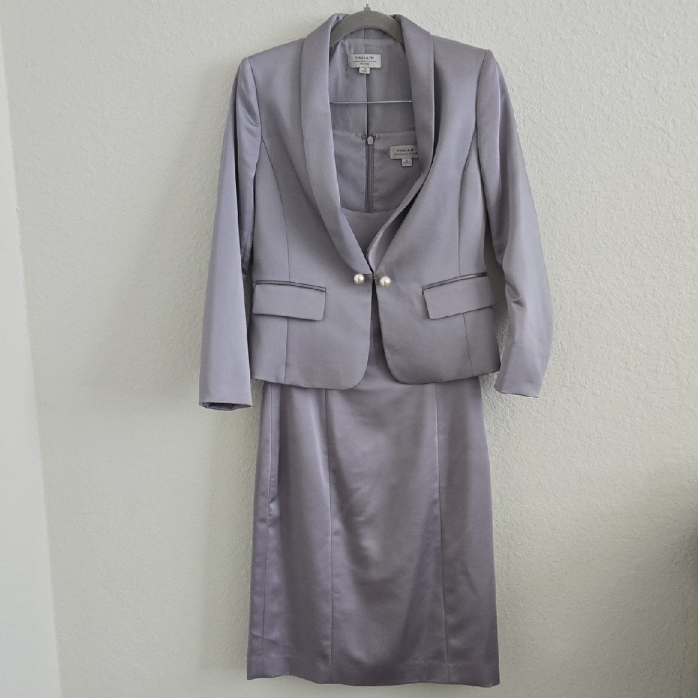 Tahari ASL Silver Blazer And Midi Dress Set Size 0 Petite